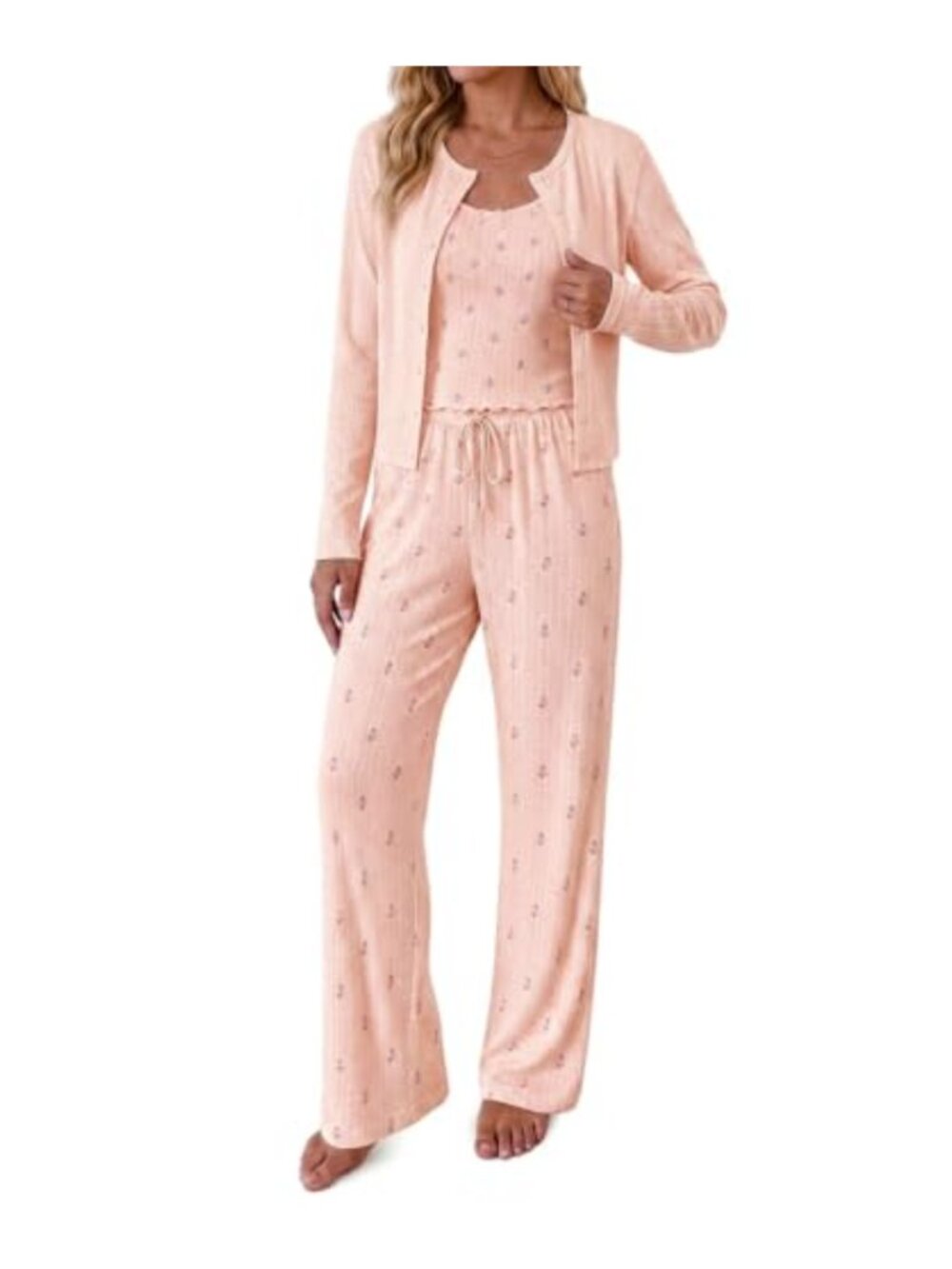 Women's 3 Piece Ditsy Floral Pajama Set Crop Cami Cardigan & Pants Lounge Set